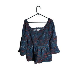 Terra & Sky Womens Multicolor Smocked Peasant Top Size 0X Cotton/Rayon